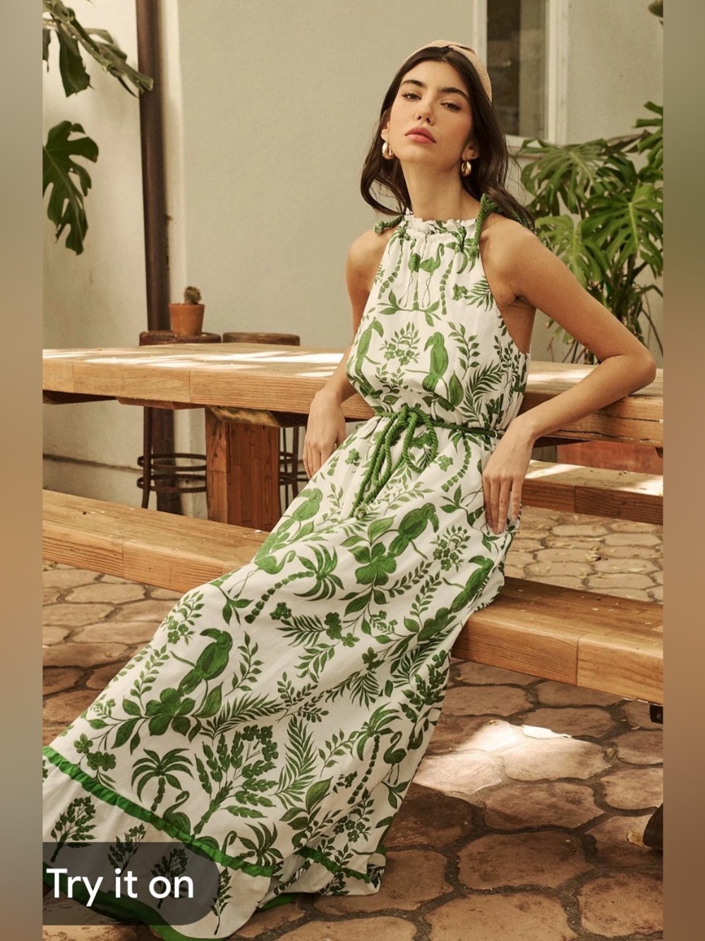 SugarLips Kimana Floral Halter Neck Maxi Dress | Green Tropical Print